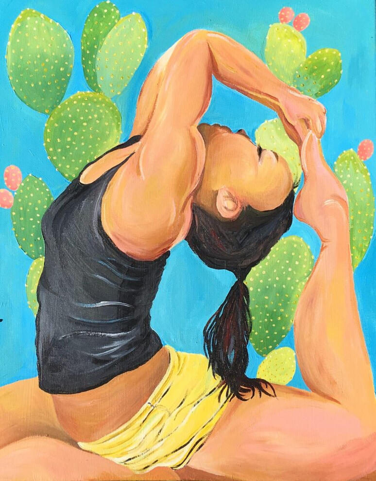 One Legged King Pigeon Pose (Eka Pada Rajakapotasana) Acrylic on Canvas, 17.5 x 21.5 inches. Sold.